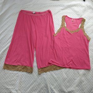 Josie Natori Pajamas Sleep Set Racerback Tank Cropped Pants Mesh Lace Pink Beige